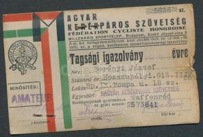 1941 Magyar Kerékpáros Szövetség fényképes tagsági igazolványa