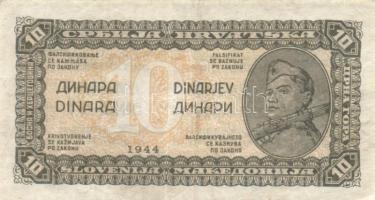 Jugoszlávia 1944. 10D (2x) eltérő színűek és méretűek T:III Yugoslavia 1944. 10 Dinara (2x) different colour and size C:F