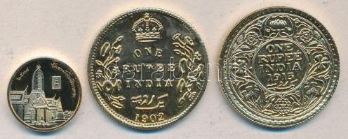 Kambodzsa DN. "Lon Nol miniszter / Angkor-Vat templom" aranyozott emlékérem (29mm) + Brit India 1902. 1R aranyozott + 1913. 1R aranyozott T:PP,2 Cambodia ND "President Lon Nol / Angkor-Vat church" gold plated medallion (29mm) + India-British 1902. 1 Rupee gold-plated + 1913. 1 Rupee gold-plated C:PP,XF