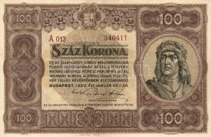 1920. 100K sötét vörösbarna sorszámmal T:II
