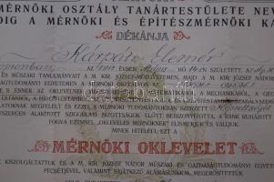 1938 Mérnöki oklevél gr. Teleki Pál saját kezű aláírásával 43x59cm