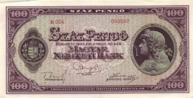 1945. 100P (4x) egymás utáni sorszámmal T:I-,II(hajtatlanok, csak a sarkok szamárfülesek kissé)