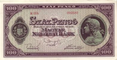 1945. 100P (4x) egymás utáni sorszámmal T:I-,II(hajtatlanok, csak a sarkok szamárfülesek kissé)