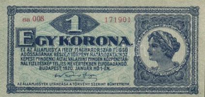 1920. 1K (4x) egymást követő sorszámmal T:I-(kis sarokkopás)