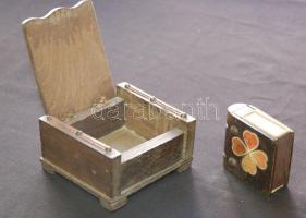 cca 1940 Szivarka tartó faládika Magyar Dohányjövedék felirattal és modern fa gyufásdoboz-tartó / Wooden box for cigarillo and matchbox holder 9x9x4,5cm, 6x5x2cm