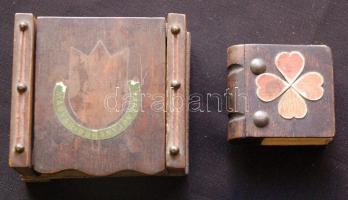 cca 1940 Szivarka tartó faládika Magyar Dohányjövedék felirattal és modern fa gyufásdoboz-tartó /
Wo...