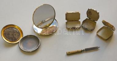 4db kis régi púderes dobozka egy kistükör és egy csontberakásos körömreszelő / Vintage compacts and other cosmetic tools