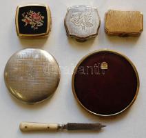 4db kis régi púderes dobozka egy kistükör és egy csontberakásos körömreszelő /
Vintage compacts and ...