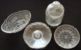 Kis üveg tétel: cukortartó, 4 tányér és 2 kínáló, kosárka műanyag füllel