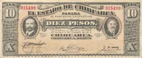 Mexikó/Forradalmi/Chihuahua 1915. 10P piros csipkés bélyegző a hátlapon T:II- Mexico/Revolutionary/Chihuahua 1915. 10 Pesos red scalloped treasury seal on back C:VF