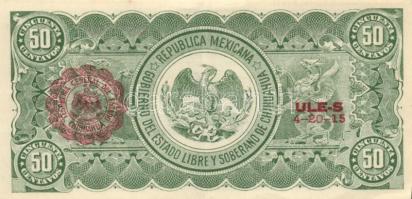 Mexikó/Forradalmi/Chihuahua 1914. 50P piros csipkés bélyegző a hátlapon, kis méretű aláírás T:II
Mex...