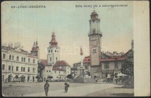 Besztercebánya Béla IV square, savings bank, shop of Havelka József (paper trade) (EB)