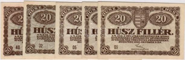 1920. 20f (5x) benne színváltozatok, lemezhibák, alapnyomat elcsúszás, stb. T:I
