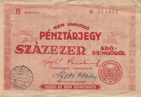 1946. 100.000AP pénztárjegy "Másra Át Nem Ruházható" és "BÁRÁND 1946. Jun.27.12" felülbélyegzéssel T:III