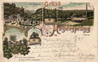 1897 Mägdesprung, Hotel, Heinrichsburg Stammburg ruins, deer statues, floral, Art Nouveau litho (EK)