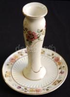 Kézzel festett sorszámozott pillangókkal és virágokkal díszített jelzett Zsolnay porcelán gyertyatartó / Handpainted numbered Zsolnay chinaware candlestick 14cm