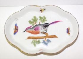 1942 Kézzel festett madárral és pillangókkal díszített jelzett Herendi porcelán tálka / Handpainted Herendi chinaware bowl 13,5x9cm