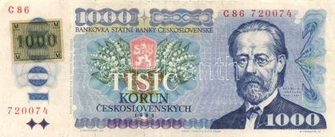 Csehszlovákia 1985. 1000K bélyeggel + 1987. 50K + 1988. 20K + 1989. 100K T:II,II-,III Czechoslovakia 1985. 1000 Korun with stamp + 1987. 50K + 1988. 20 Korun + 1989. 100 Korun C:XF,VF,F