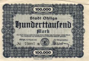 Német Birodalom/Weimari Köztársaság/Ohligs 1923.8.15. 100.000M (2x) egymás utáni sorszámmal T:II-
Ge...