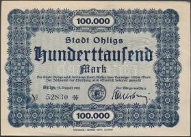 Német Birodalom/Weimari Köztársaság/Ohligs 1923.8.15. 100.000M (3x) egyugrású sorszámmal T:II Germany-Weimar Republic/Ohligs 1923.15.8. 100.000 Mark (3x) almost sequential serial number C:XF