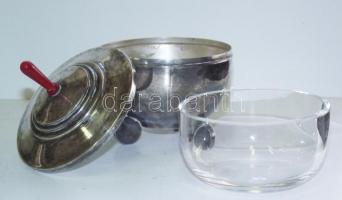 Ezüstözött jelzett art deco cukortartó bakelit fogantyúval és üvegbetéttel /
Silver plated Art Deco ...