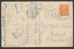 1948 Képeslap a Londoni Olimpiáról magyar olimpikonok aláírásával, többek között Szittya Károly, Jen...