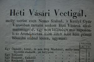 1823 Heti Vásári Vectigál Győr városából a vásárosoktól szedett helypénzről 4 oldal