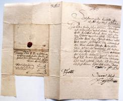 1673 Gyarmati és kékkői gróf Balassa Bálint költő (1626-1684) sajátkezűleg aláírt, magyar nyelvű levele. Kéri a címzettet, hogy szolgája, Lorberer János leveleit adja vissza, ellenkező esetben a királyhoz fordul. 1 beírt oldal. Viaszpecséttel. / Letter of count Balassa with autograph signature