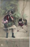 Kislány kutyával, levél rózsákkal, üdvözlő lap, Little girl with dog, letter with roses, greeting card