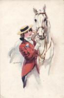 Female jockey, Italian Art Deco postcard, WSSB Serie 5051 s: Usabal, Női zsoké, olasz Art Deco művészlap, WSSB Serie 5051 s: Usabal