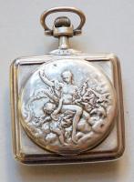 cca 1900 Négyszögletű ezüst (Ag) Omega zsebóra eredeti Omega szerkezettel, a hátlapján mitológiai je...