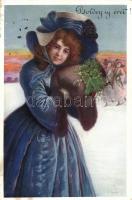 New Year, ice skating lady, clover, B.K.W.I. 2835-3. artist signed (EB)