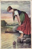 10 db régi motívumlap, vegyes tematikával, romantikus jelenetek, folklór lapok, mind tábori postán f...