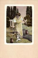 10 db régi folklór lap vízhordó leányokkal, köztük két litho