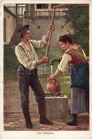 10 db régi folklór lap vízhordó leányokkal, köztük két litho