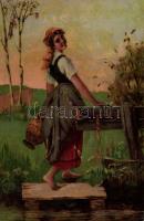 10 db régi folklór lap vízhordó leányokkal, köztük két litho