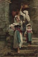 10 db régi folklór lap vízhordó leányokkal, köztük két litho