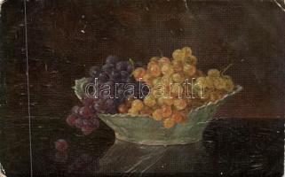 6 db régi művészlap, szőlőcsendéletek egy lithoval