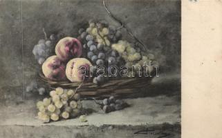 6 db régi művészlap, szőlőcsendéletek egy lithoval