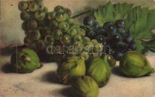 6 db régi művészlap, szőlőcsendéletek egy lithoval