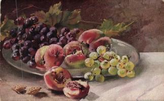 6 db régi művészlap, szőlőcsendéletek egy lithoval