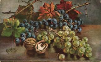 6 db régi művészlap, szőlőcsendéletek egy lithoval