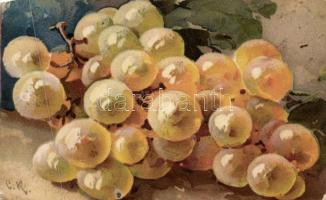 6 db régi művészlap, szőlőcsendéletek egy lithoval