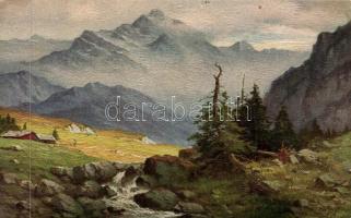 18 db régi képeslap hangulatos tájképekkel, köztük szignált művészlapok és lithok