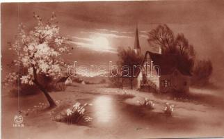 18 db régi képeslap hangulatos tájképekkel, köztük szignált művészlapok és lithok