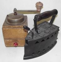 Nagy vegyes bolhapiac tétel: kávédaráló, szenes vasaló, gipsz szobor, faragott fa dobozka, olasz por...