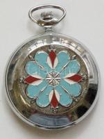 Molnija modern mechanikus zsebóra, fedőlapján színes, népies motívumú díszítéssel / Molnija modern pocket watch