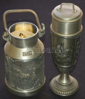 Ón vadászkupa híres holland festmények domborműves reprodukcióival és fedeles ónkannácska (a füle hibás) / Tin hunter's cup with tin kettle (with minor demage) 18cm, 16cm