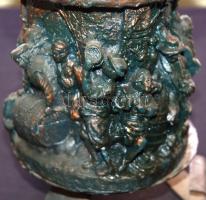 Nagyméretű, mulatós jelenetet ábrázoló faragott díszes gyertya réz talpon /
Large candle with bas re...