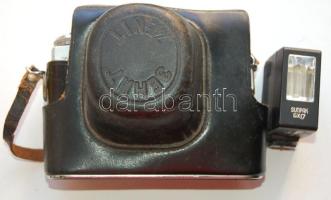 Zenit-E típusú fényképezőgép Industar 50-2 3,5/50 objektívvel és Sunpak GX17 típusú vakuval saját tokjában / Zenit-E photo camera with Industar 50-2 3,5/50 lens and Sunpak GX17 flash in original leather case